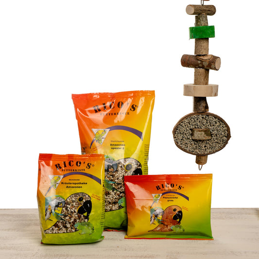 Starter Kit – Futtermischung und Papageinspielzeug – Amazonen