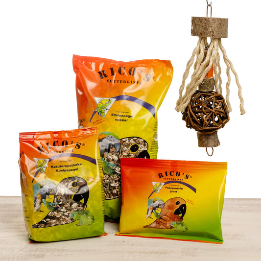 Starter Kit – Futtermischung und Papageinspielzeug – Edelpapagei