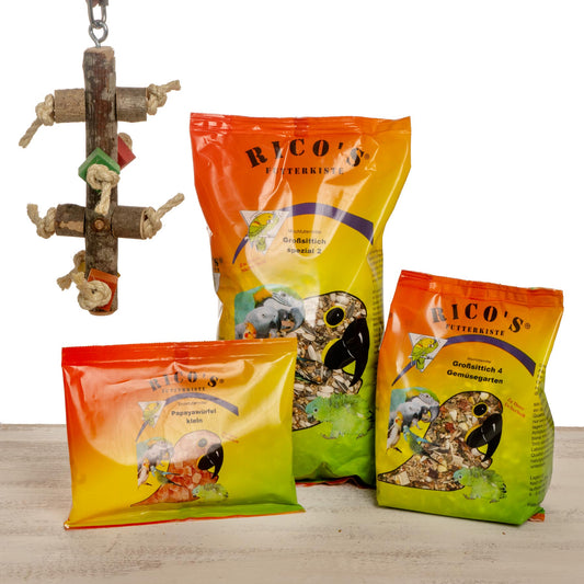 Starter Kit – Futtermischung und Papageinspielzeug – Großsittiche