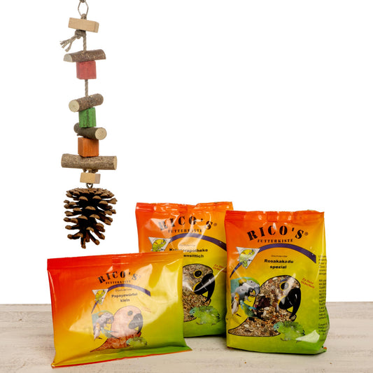 Starter Kit – Futtermischung und Papageienspielzeug – Rosakakadu