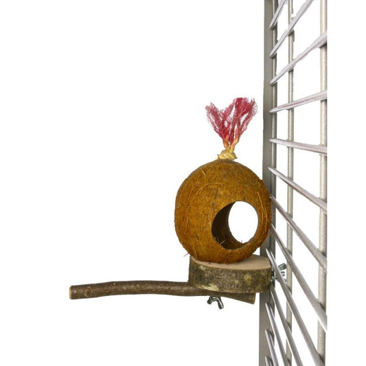 Wellensittich-Kokoshütte – Sitzstange & Futterversteck
