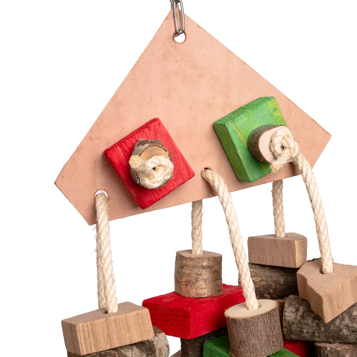Lederdreieck mit Sisal und Holzteilen – Papageienspielzeug