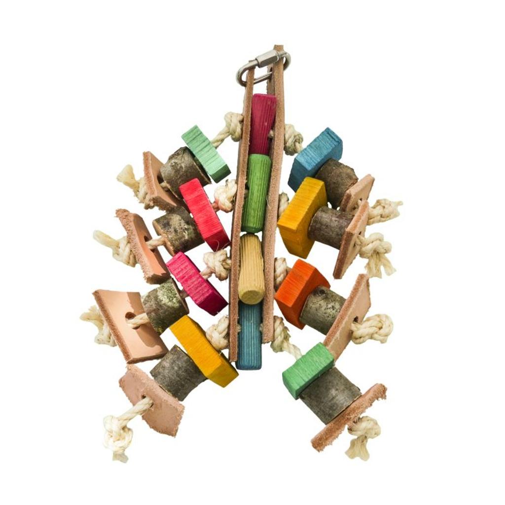 Sittich Lederspielzeug mit viel bunten Holzteilen