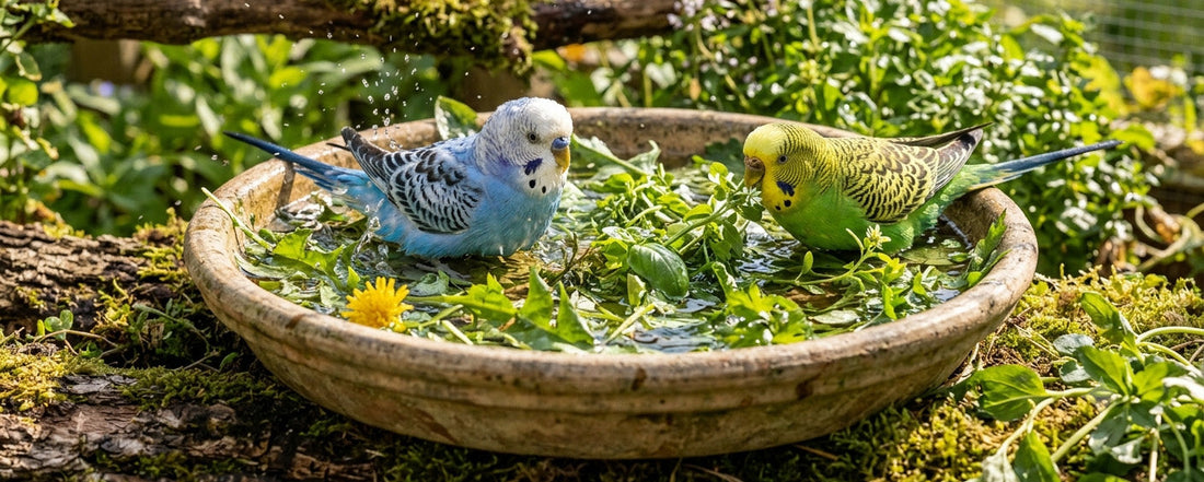 Wellensittiche baden in einem Kräuter-Wasserbad