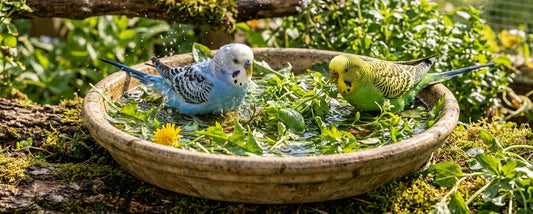 Wellensittiche baden in einem Kräuter-Wasserbad