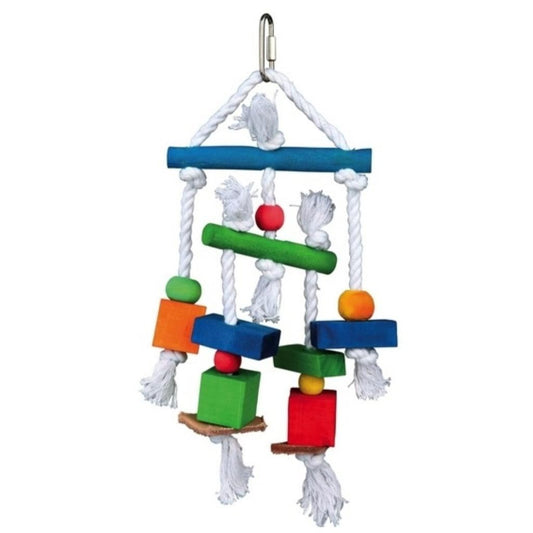 Buntes Holzspielzeug am Tau – Sittichspielzeug