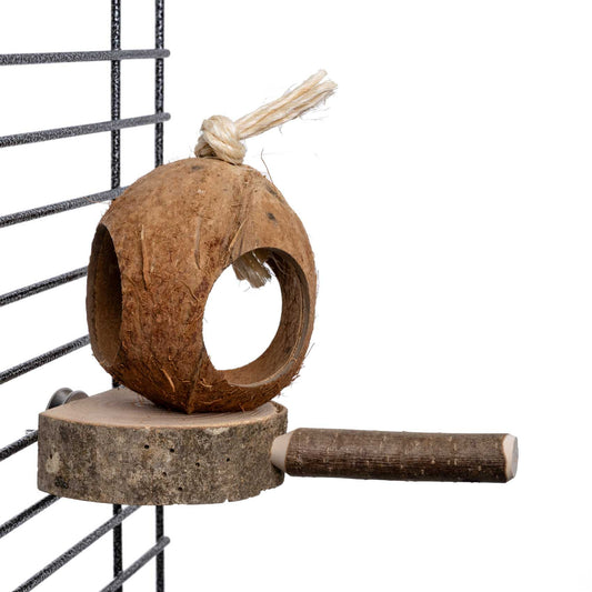 Wellensittich-Kokoshütte – Sitzstange & Futterversteck