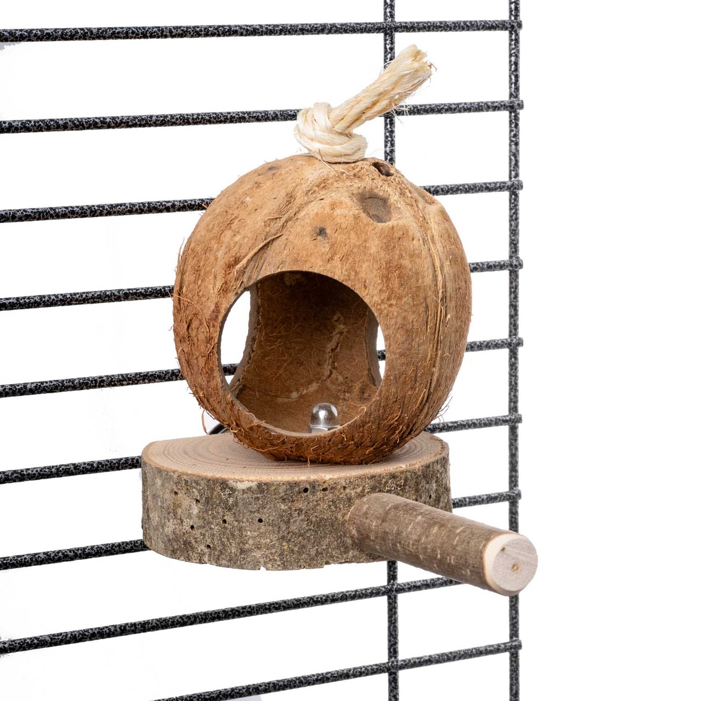 Wellensittich-Kokoshütte – Sitzstange & Futterversteck