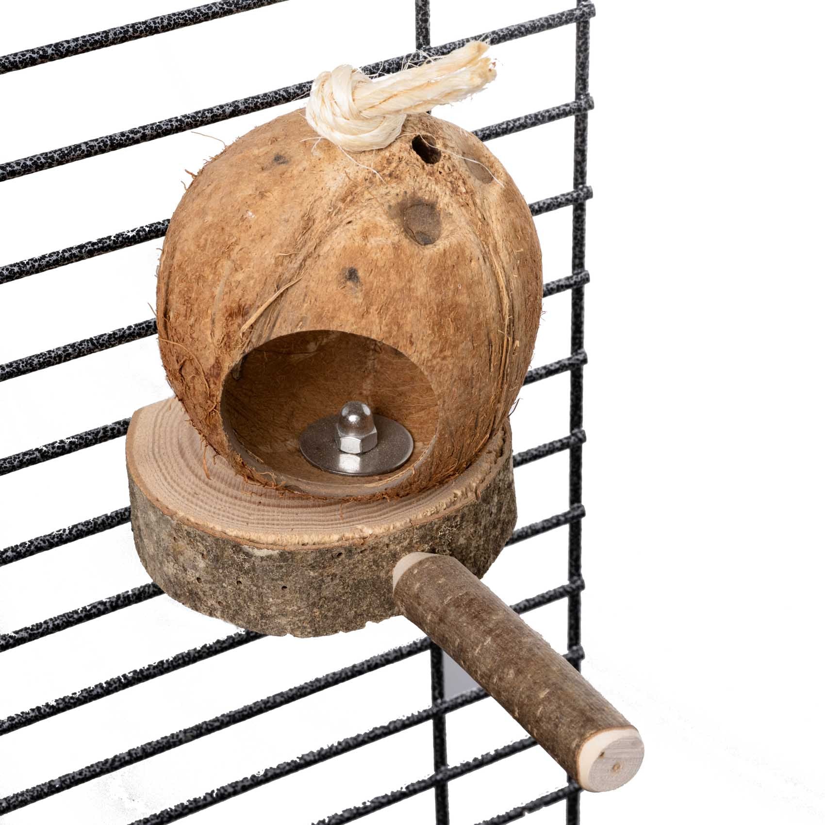 Wellensittich-Kokoshütte – Sitzstange & Futterversteck