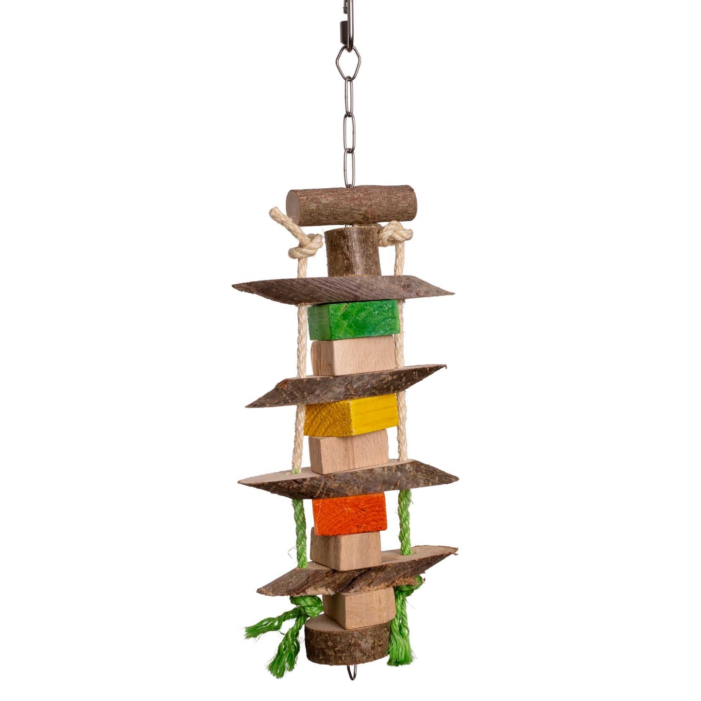 Knabber-Turm – Edelstahlkette mit Naturholzscheiben und bunten Holzklötzen – Papageienspielzeug