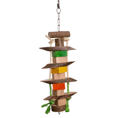 Knabber-Turm – Edelstahlkette mit Naturholzscheiben und bunten Holzklötzen – Papageienspielzeug
