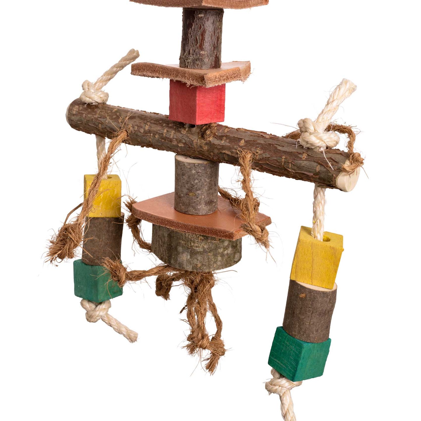Knabberspiel mit Holz, Leder und Sisal – Papageienspielzeug