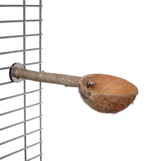Natursitzstange mit Kokosnuss-Futterschale – praktische Futterstelle für Sittiche und kleine Papageien