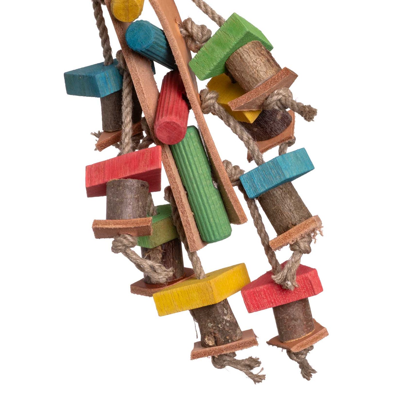 Lederspielzeug mit bunten Holzteilen für Sittiche