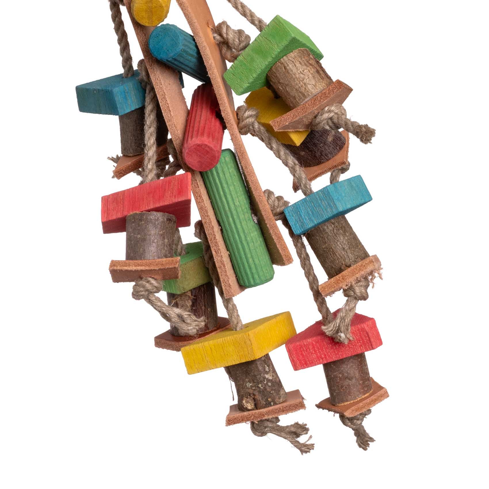 Lederspielzeug mit bunten Holzteilen für Sittiche
