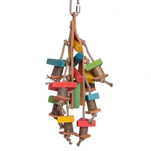 Lederspielzeug mit bunten Holzteilen für Sittiche
