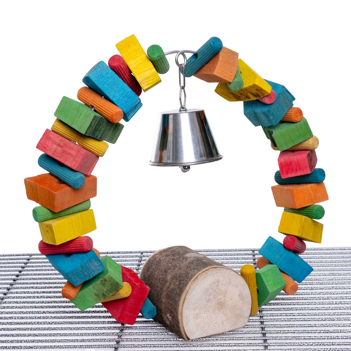 Papageien Spielzeug Knabberbogen mit Glocke und bunten Holzklötzen