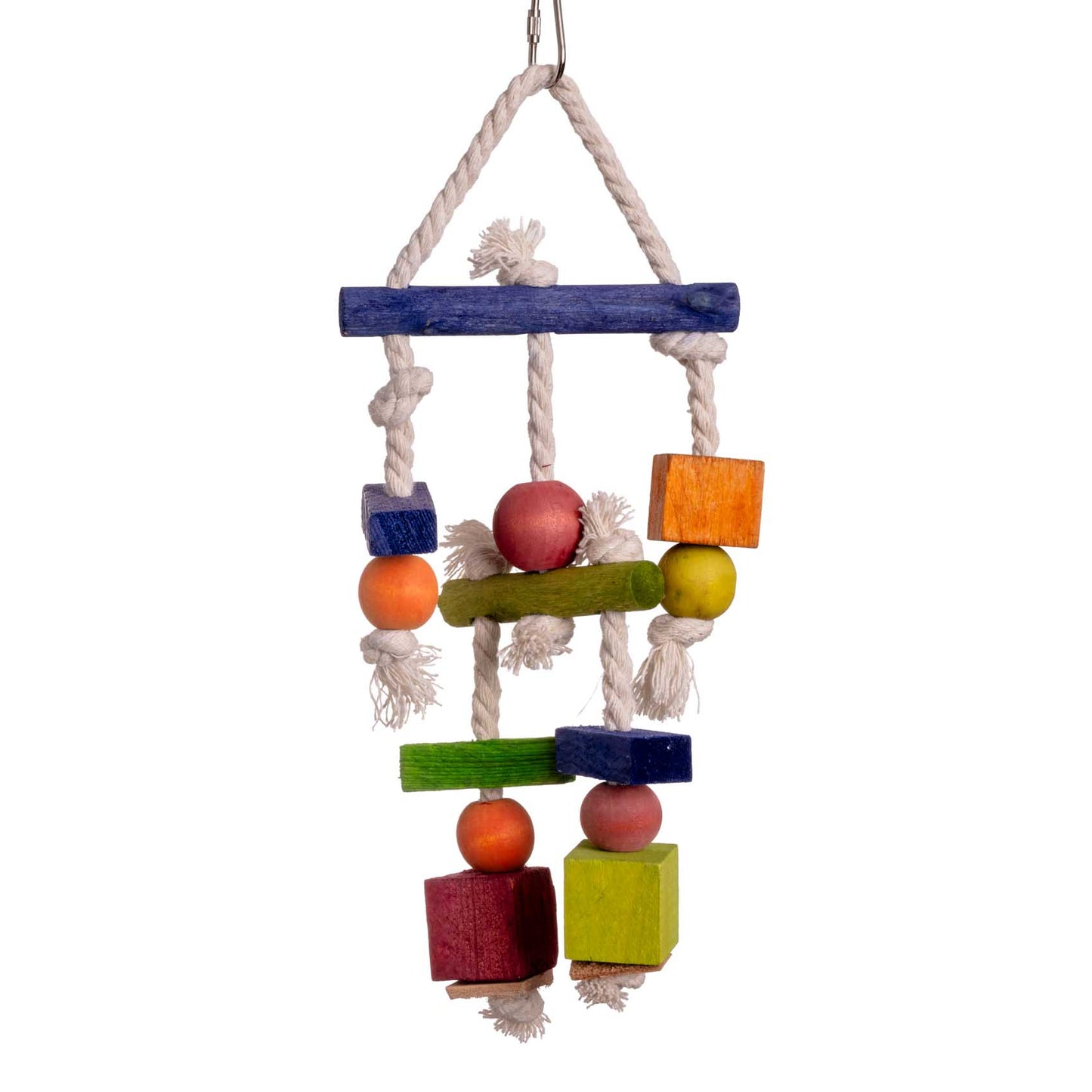 Buntes Holzspielzeug am Tau – Sittichspielzeug