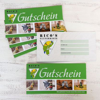 Gutschein von Rico’s Futterkiste über 10, 20 oder 50 Euro für Papageien- und Sittichfreunde