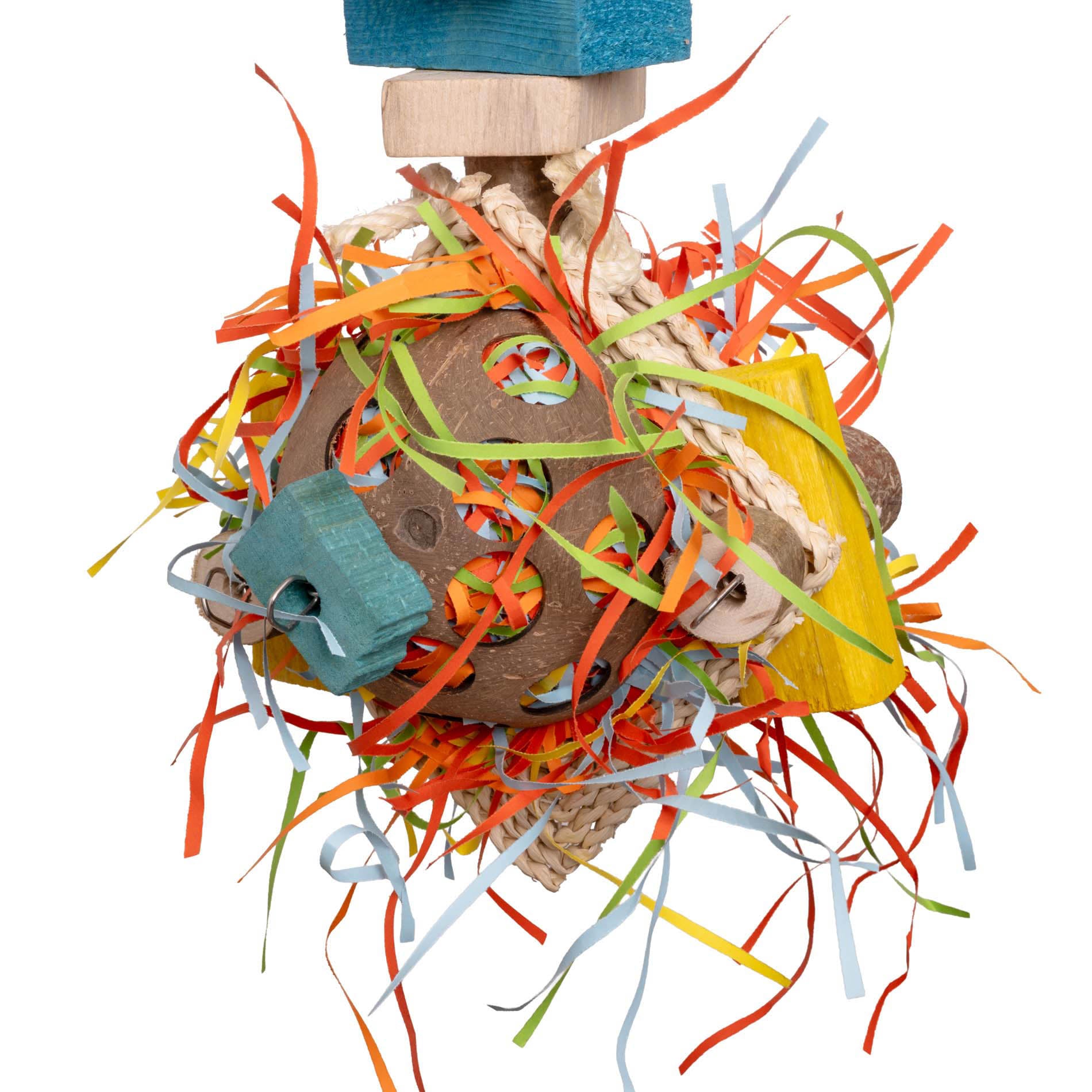 Kokoskugel & Strohteppich – Abwechslungsreiches Papageienspielzeug mit Papierlametta