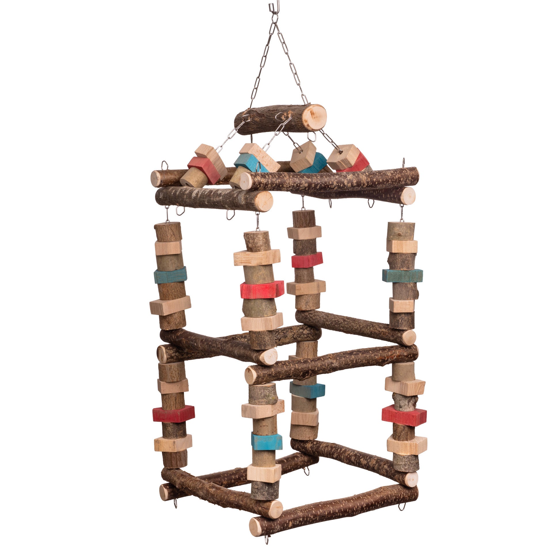 Papageienspielzeug Tower Big Ben mit Sitz- und Knabberholz für Amazonen, Graupapageien und Kakadus