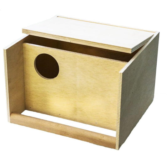 NO50258  -  Nistkasten mit Nistmulde und Sitzstange für Großsittiche